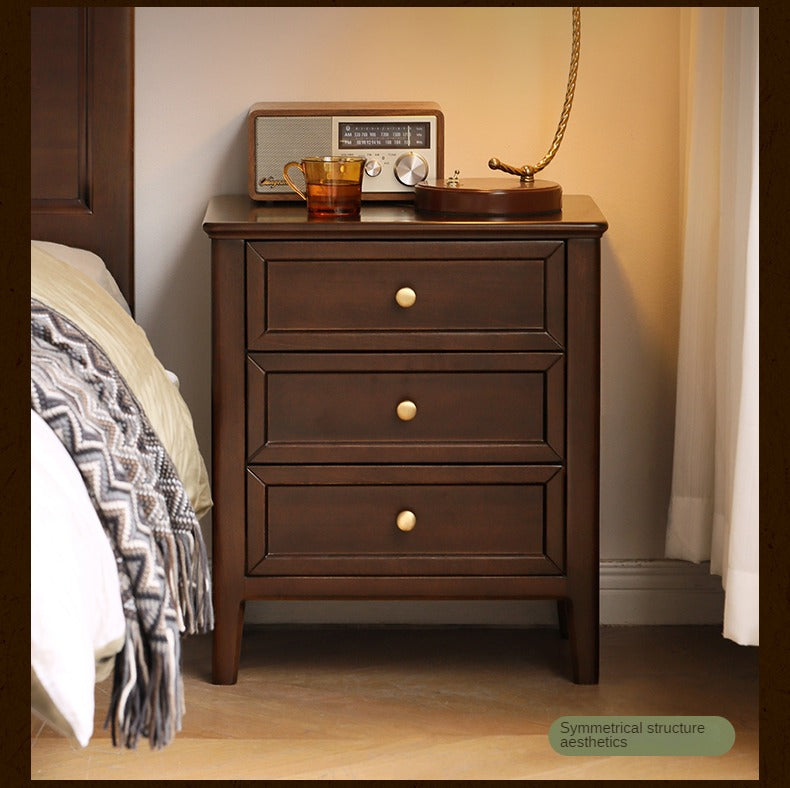 Black Walnut, Poplar Solid Wood Retro Three-Drawer Nightstand