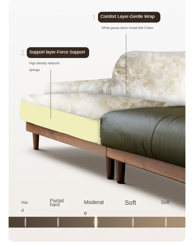Black Walnut, Oak Solid Wood Leather Down Sofa.