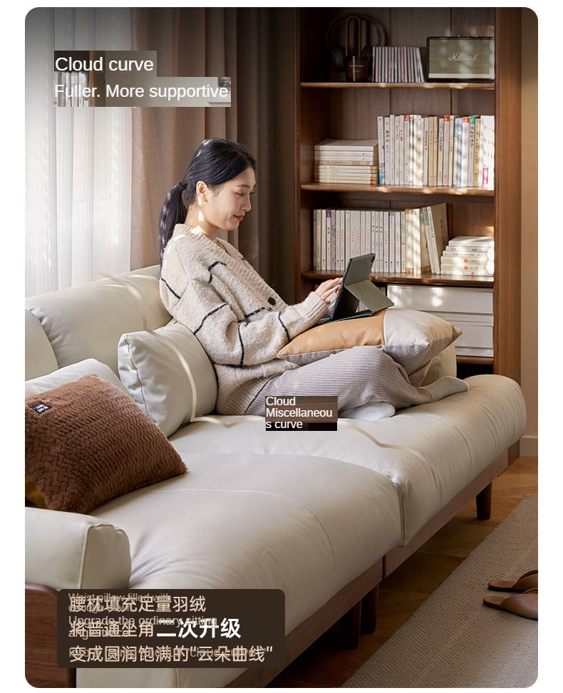 Black Walnut, Oak Solid Wood Leather Down Sofa.