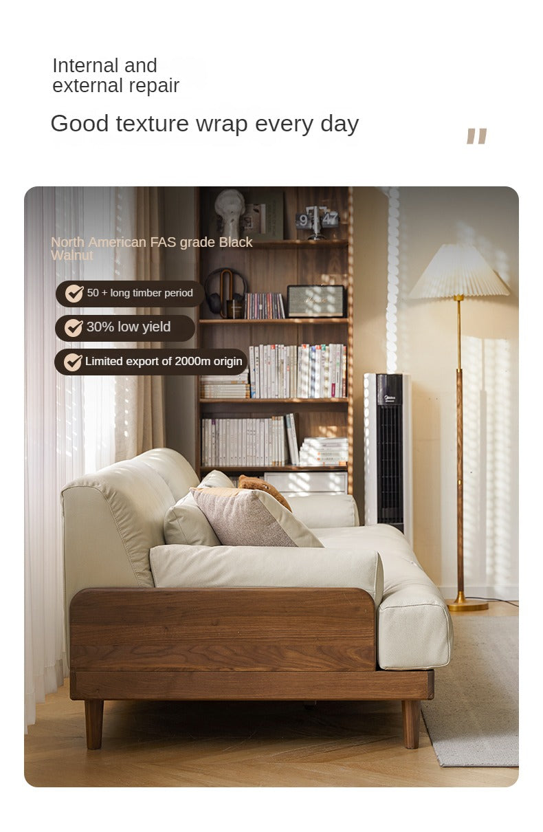 Black Walnut, Oak Solid Wood Leather Down Sofa.