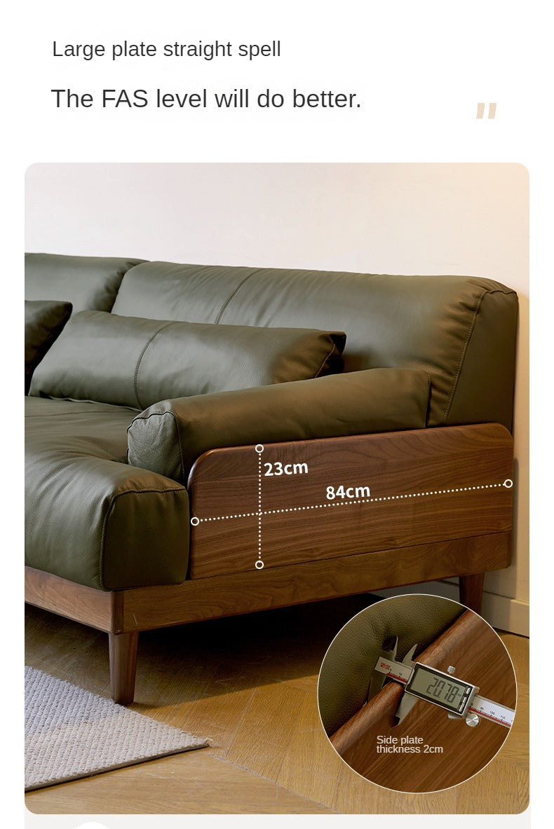 Black Walnut, Oak Solid Wood Leather Down Sofa.