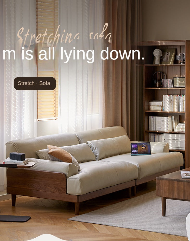 Black Walnut, Oak Solid Wood Leather Down Sofa.