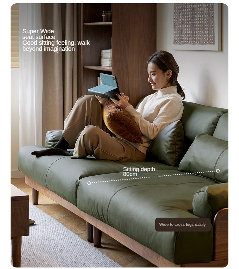 Black Walnut, Oak Solid Wood Leather Down Sofa.