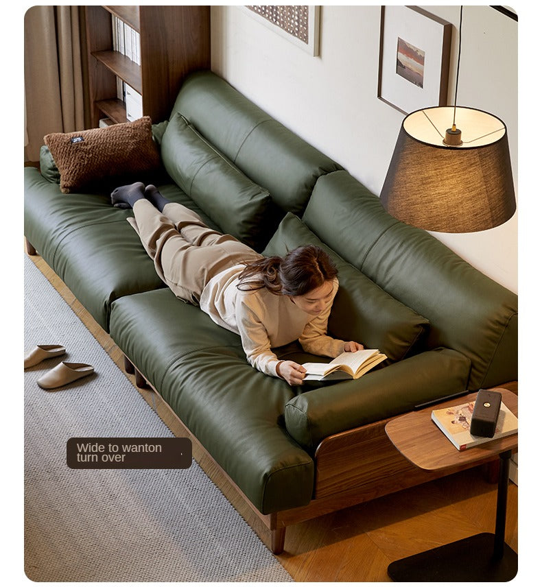 Black Walnut, Oak Solid Wood Leather Down Sofa.