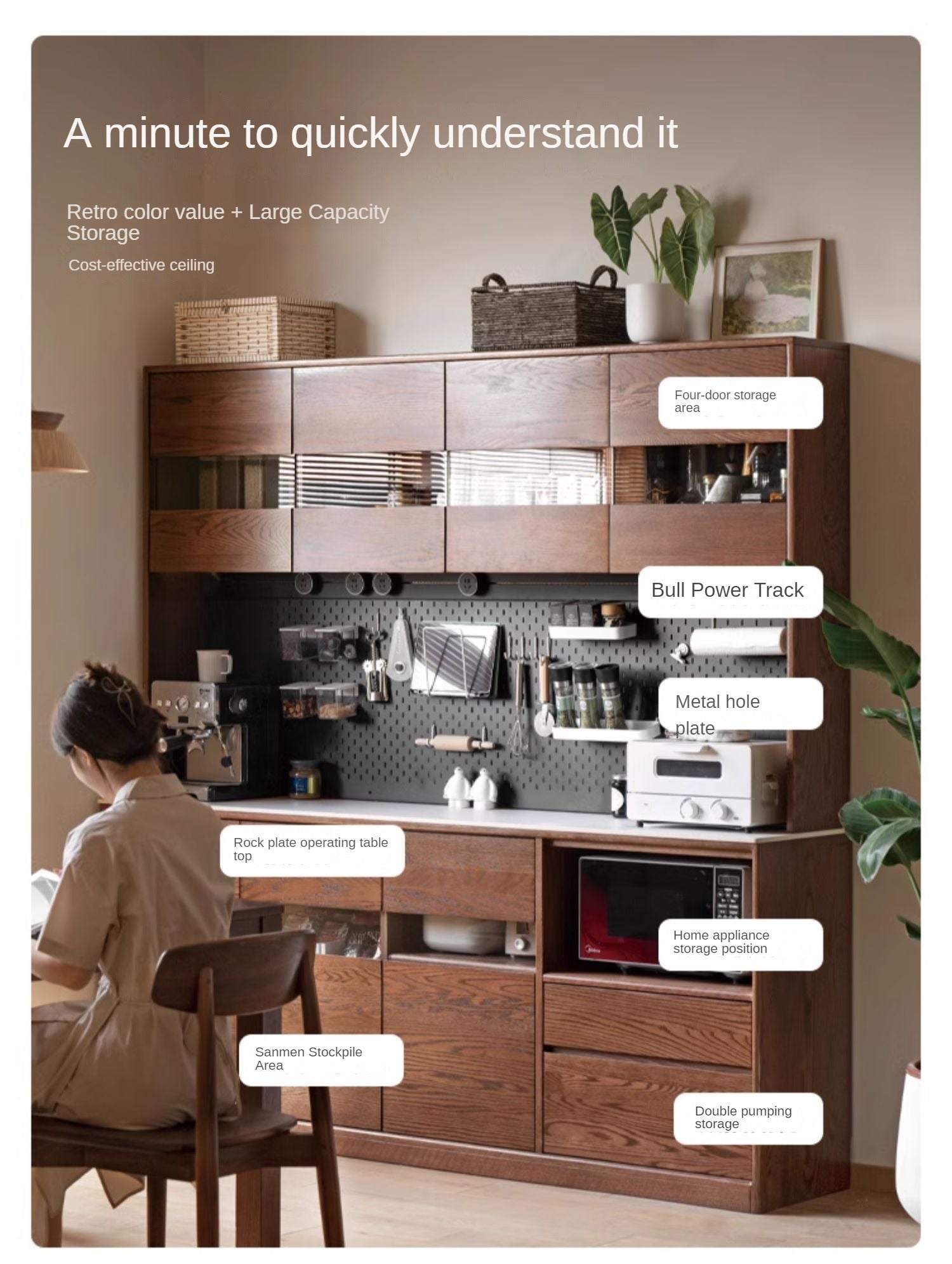 Oak Solid Wood Dining Storage Sideboard Against The Wall