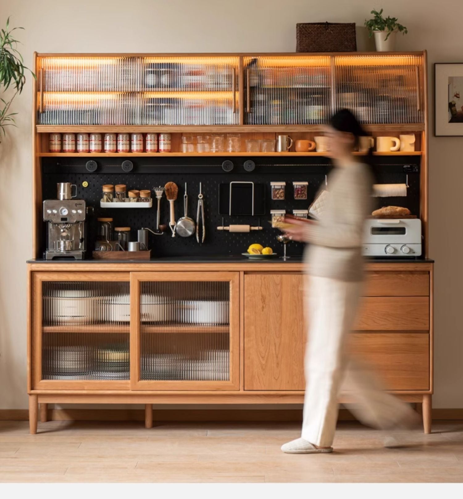 Cherry, Oak Solid Wood Rock Board Dining Cabinet Integrated High