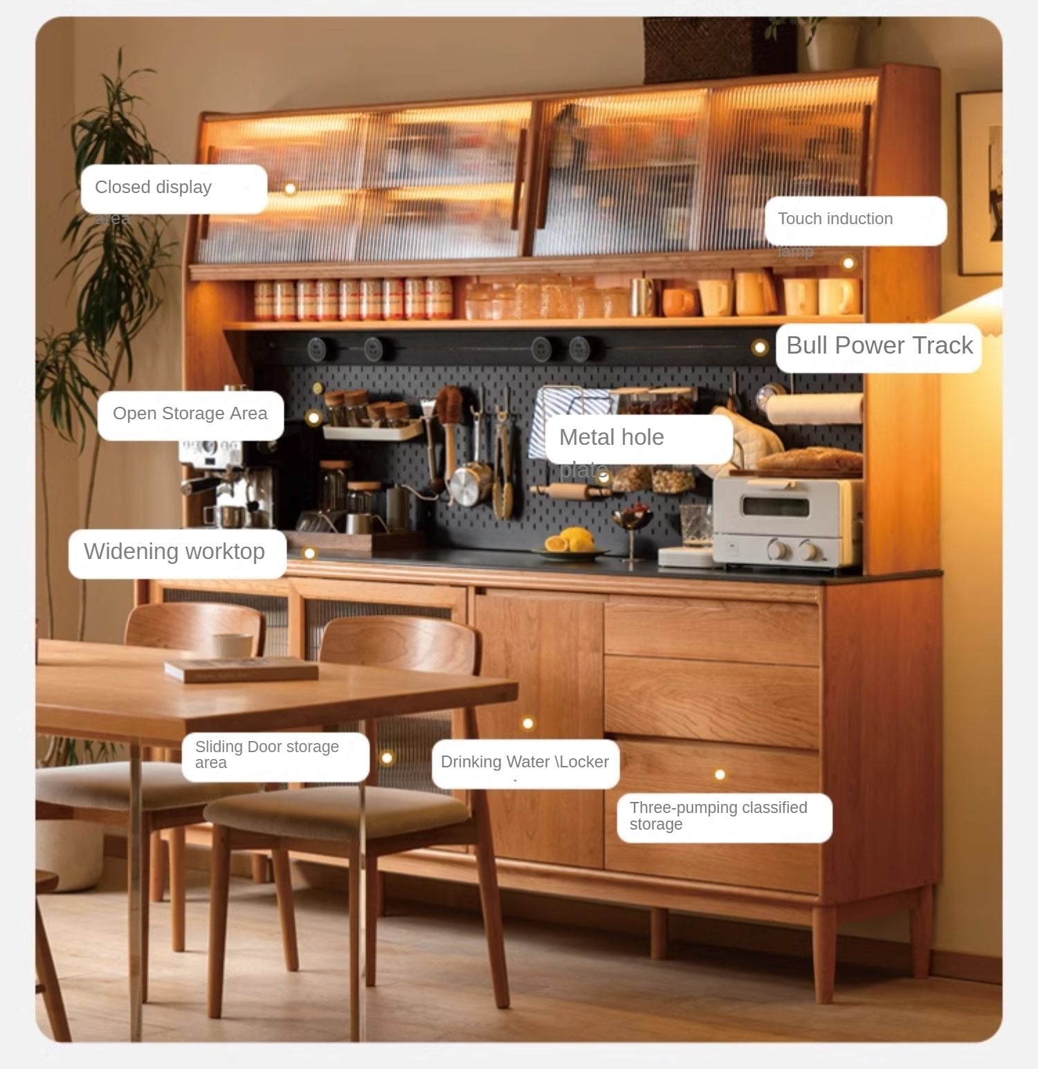 Cherry, Oak Solid Wood Rock Board Dining Cabinet Integrated High