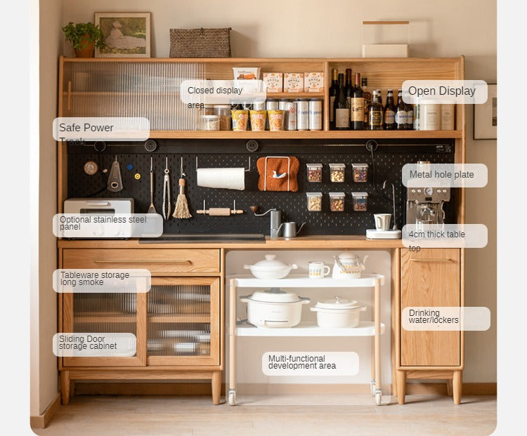 Oak Solid Wood Ultra-thin Multi-function Dining Sideboard Integrated