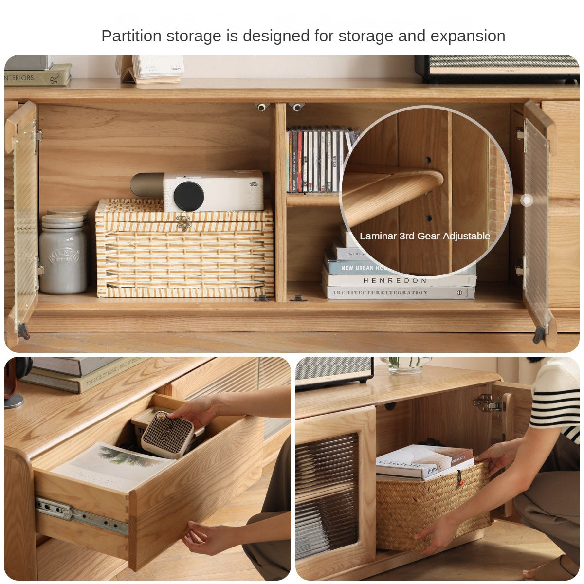 Ash Solid Wood High Floor Storage TV Cabinet.