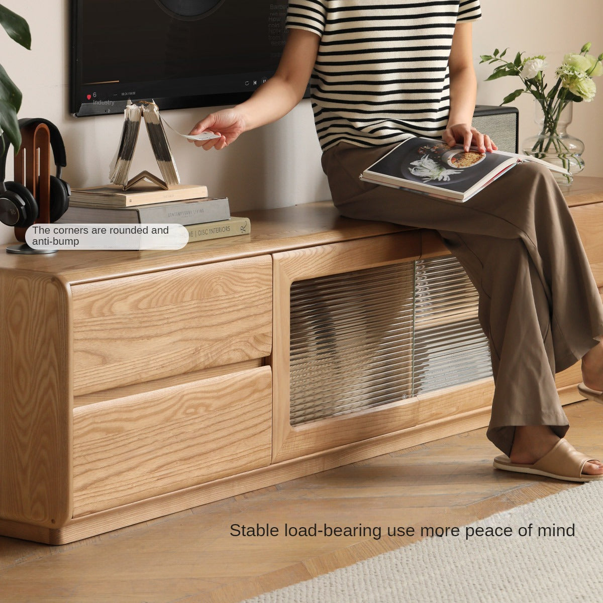 Ash Solid Wood High Floor Storage TV Cabinet.