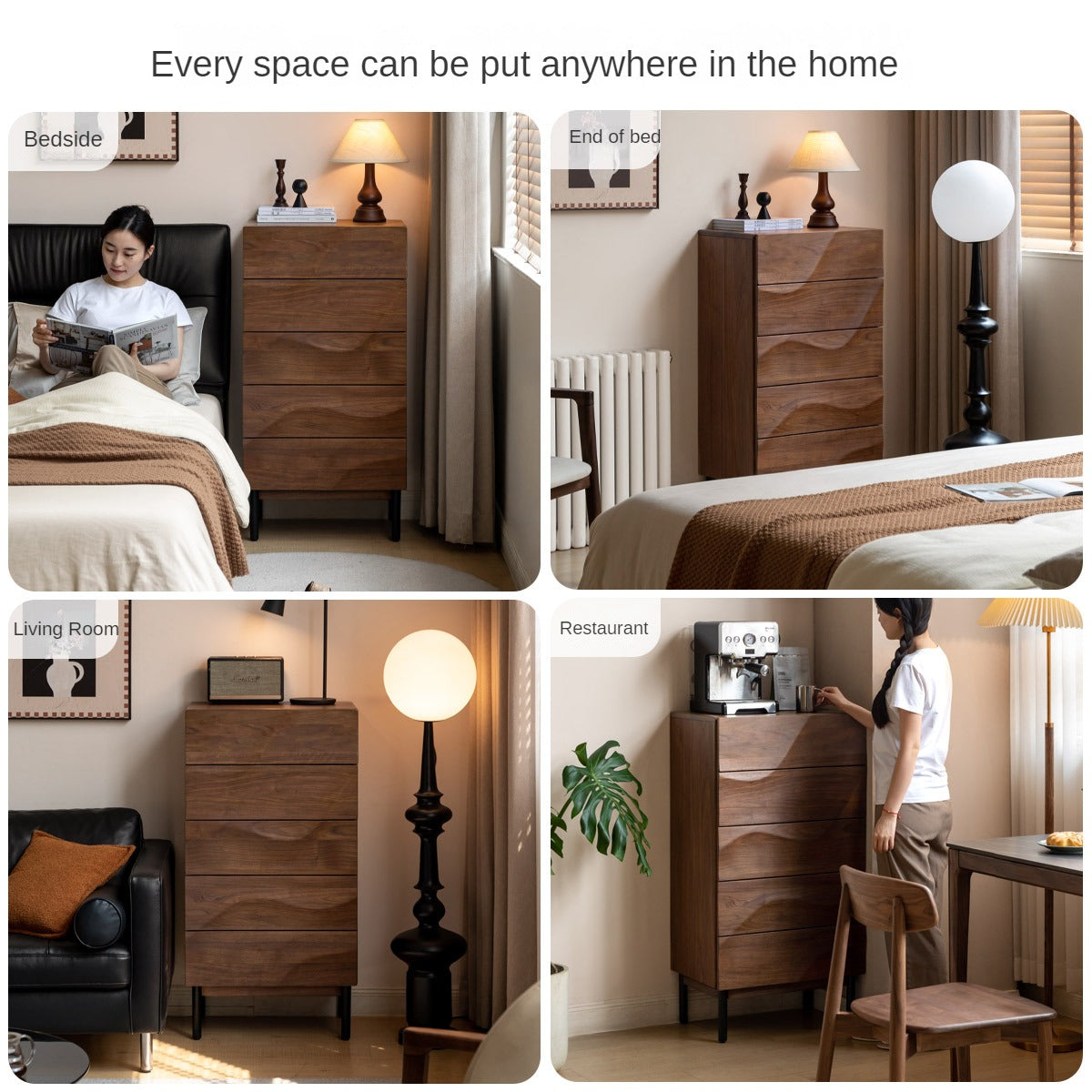 Black Walnut Solid Wood Wave Side Cabinet.