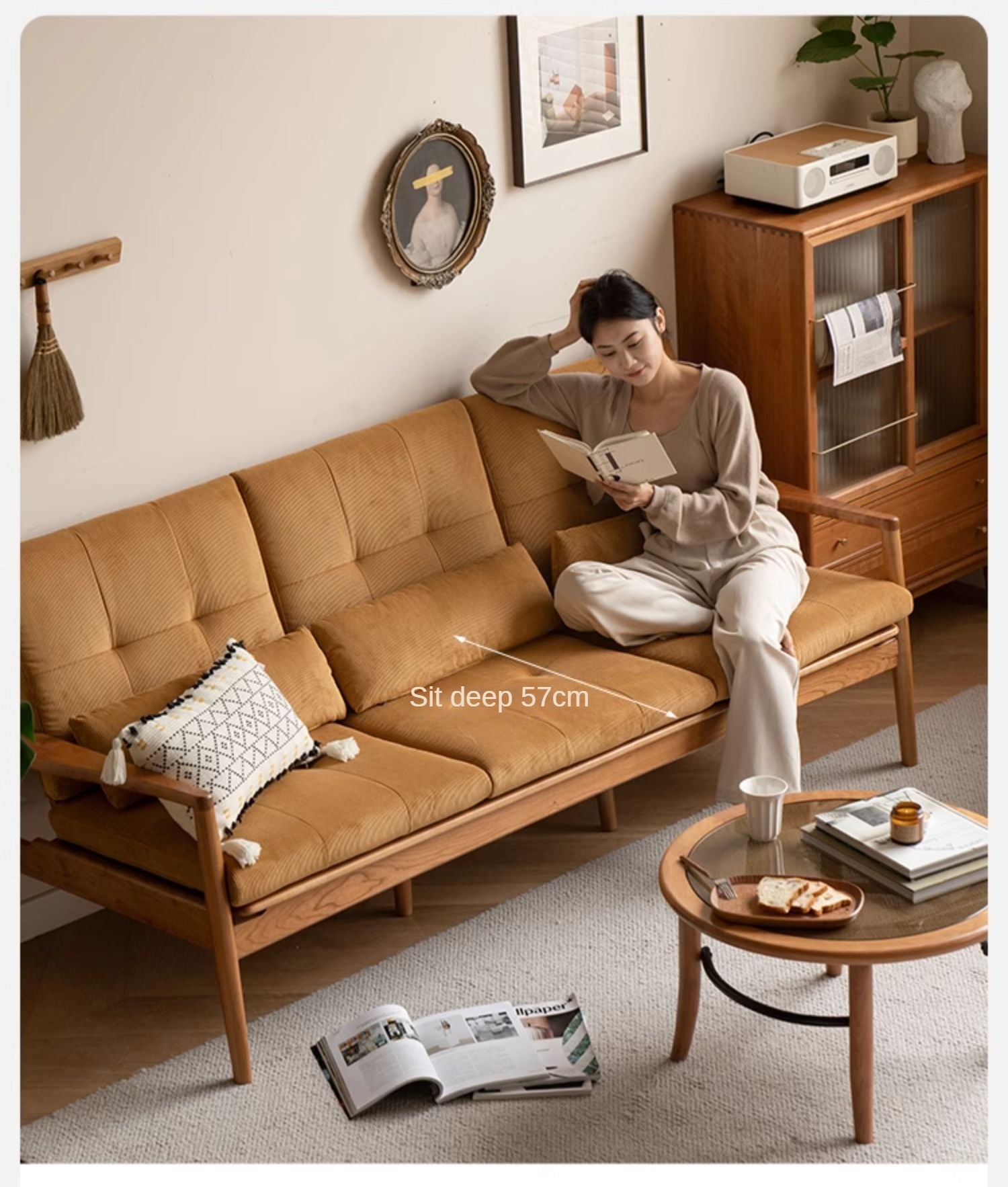 Oak Solid Wood Rattan Vintage Dual-purpose Sofa.