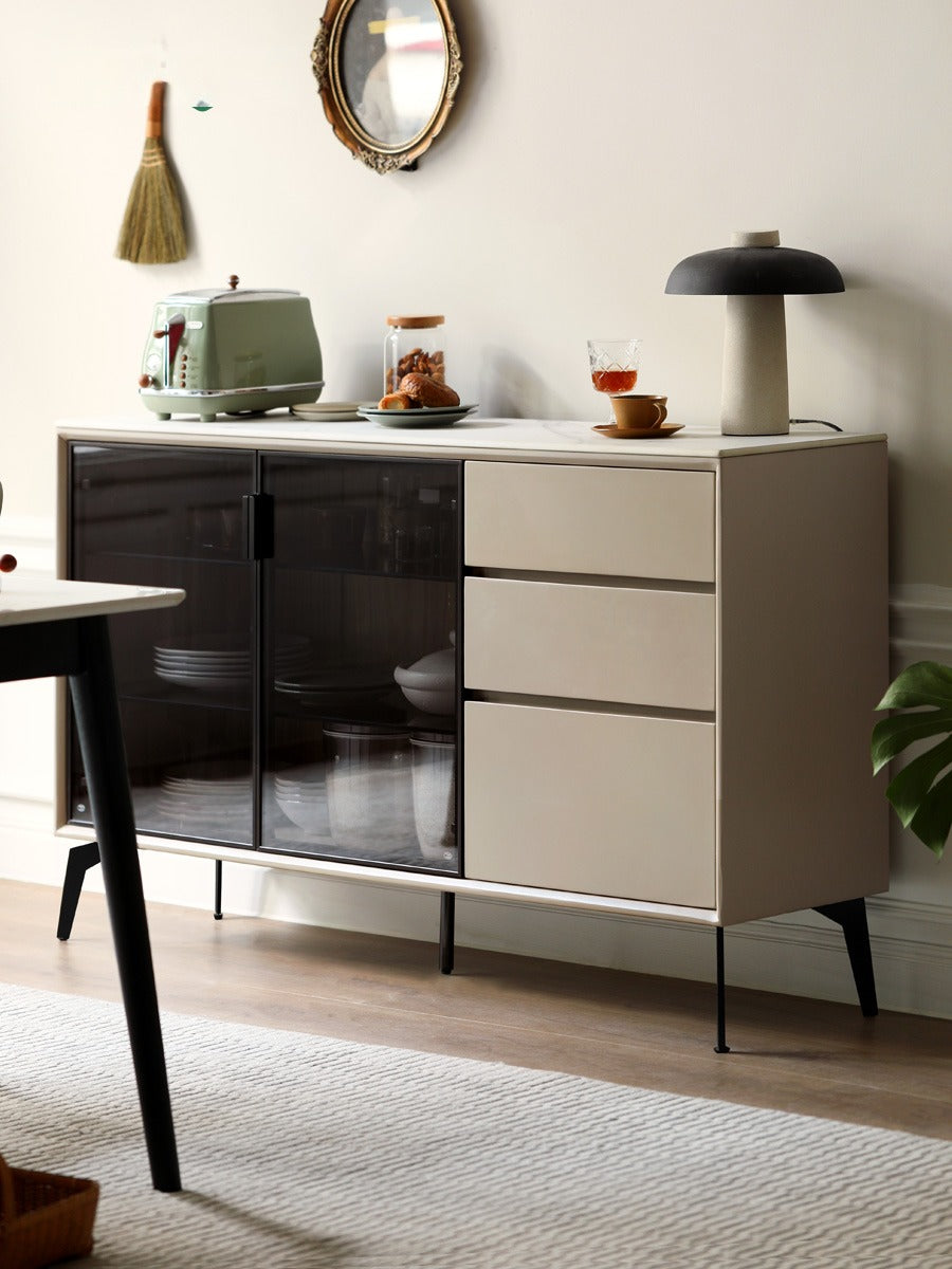 Poplar Solid Wood Rock Board Glass Door Dining Sideboard