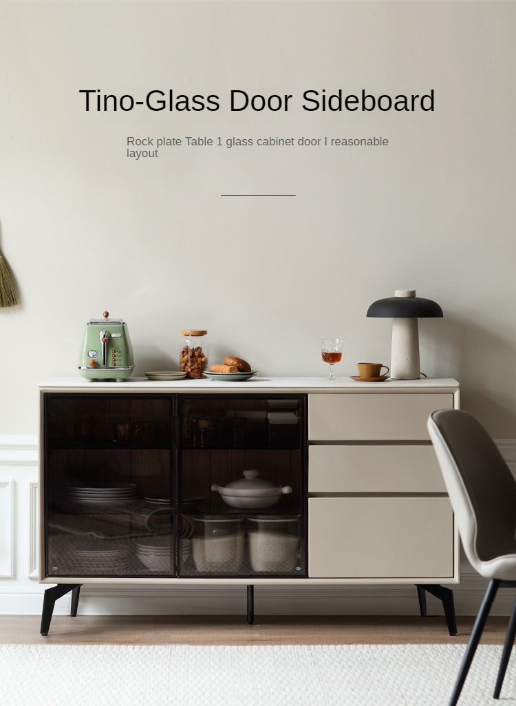 Poplar Solid Wood Rock Board Glass Door Dining Sideboard