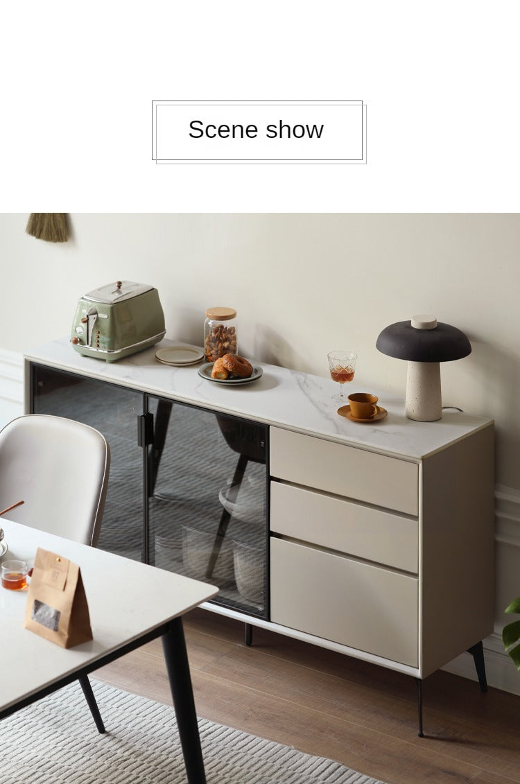 Poplar Solid Wood Rock Board Glass Door Dining Sideboard