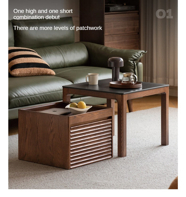 Black Walnut, Oak, Catalpa Solid Wood Movable Rock Plate Coffee Table