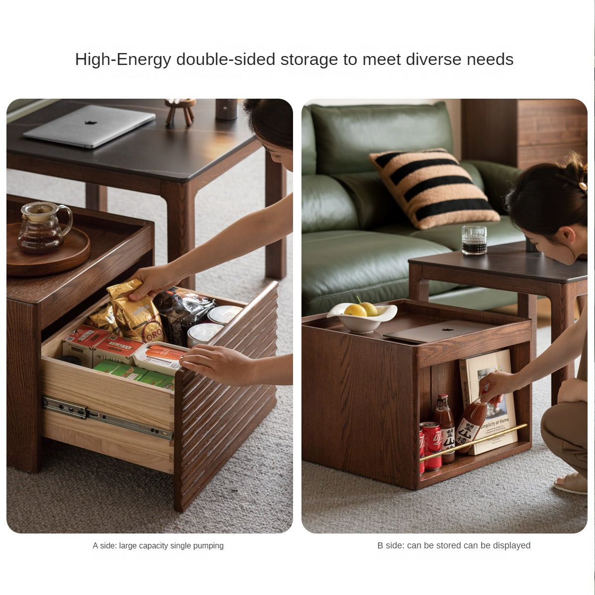 Oak, Black Walnut Solid Wood Movable Rock Plate Coffee Table