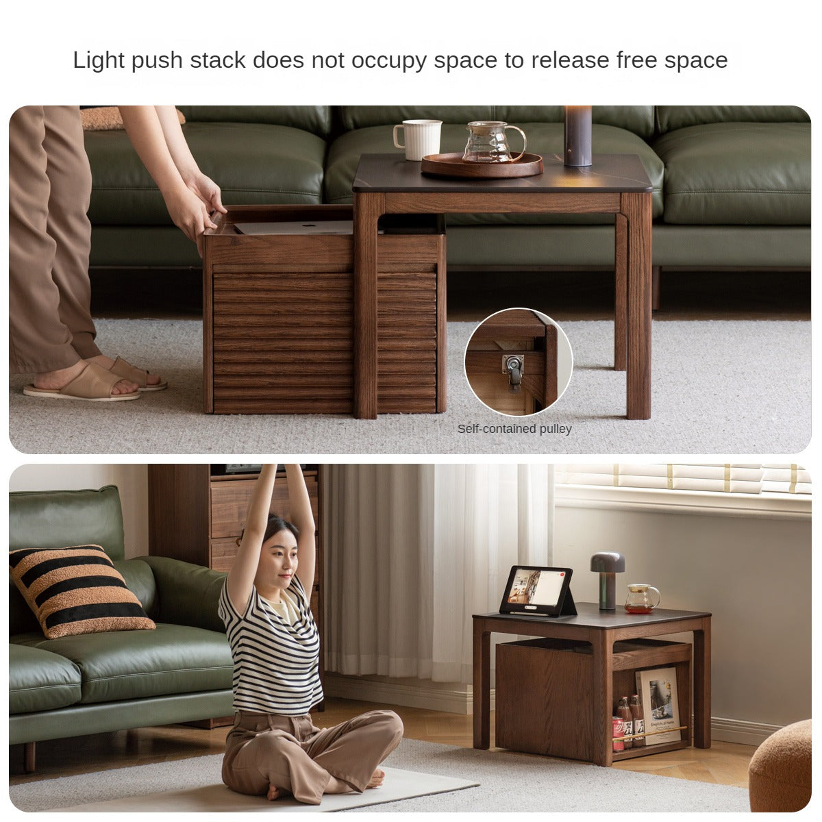 Oak, Black Walnut Solid Wood Movable Rock Plate Coffee Table