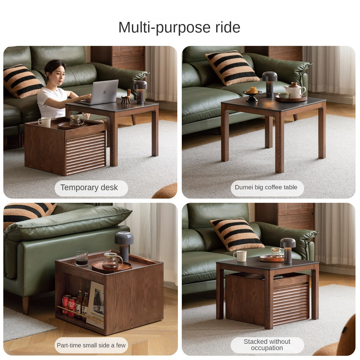 Oak, Black Walnut Solid Wood Movable Rock Plate Coffee Table