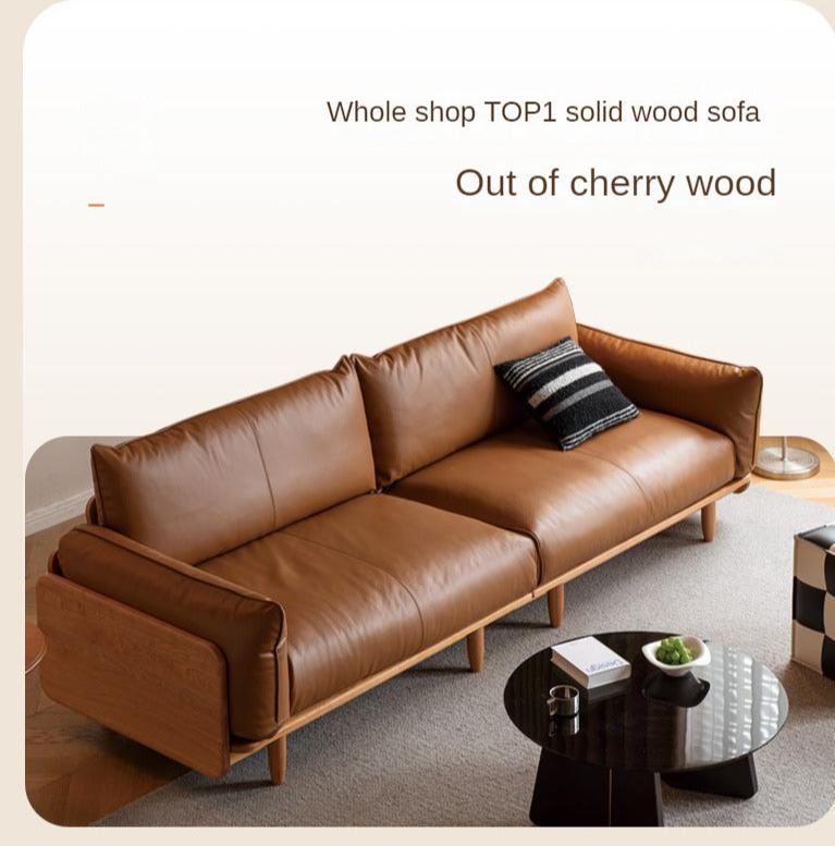 Cherry Wood Sofa Genuine Leather, Fabric-
