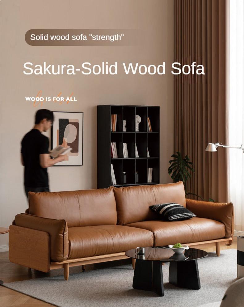 Cherry Wood Sofa Genuine Leather, Fabric-