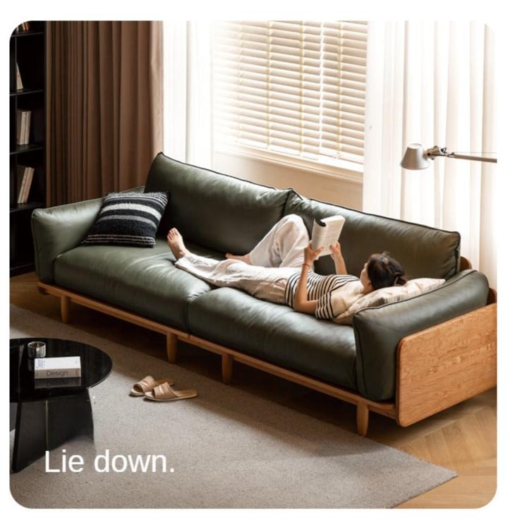 Cherry Wood Sofa Genuine Leather, Fabric-