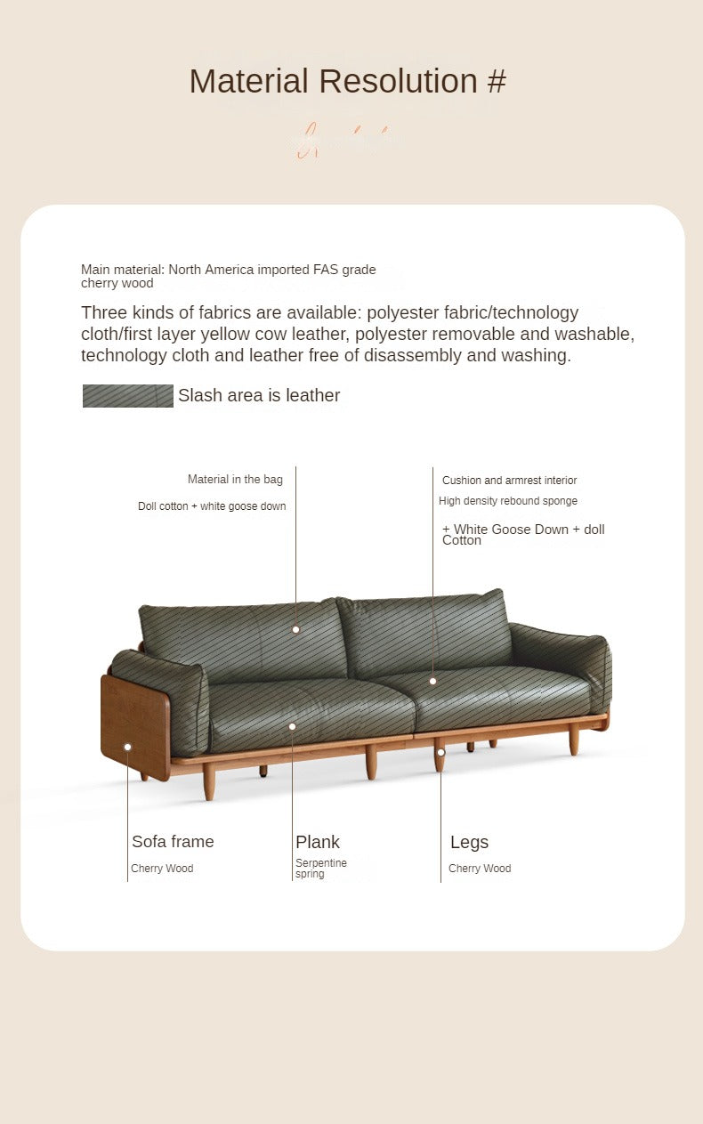 Cherry Wood Sofa Genuine Leather, Fabric-