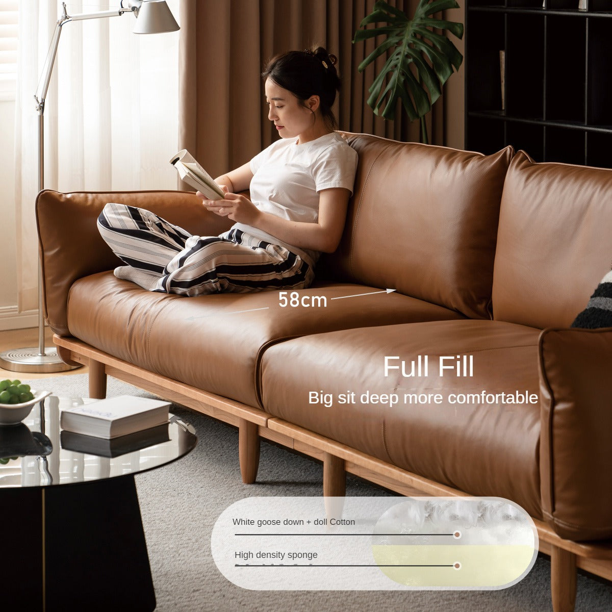 Cherry Wood Sofa Genuine Leather, Fabric-