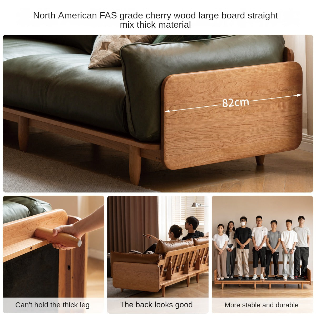 Cherry Wood Sofa Genuine Leather, Fabric-