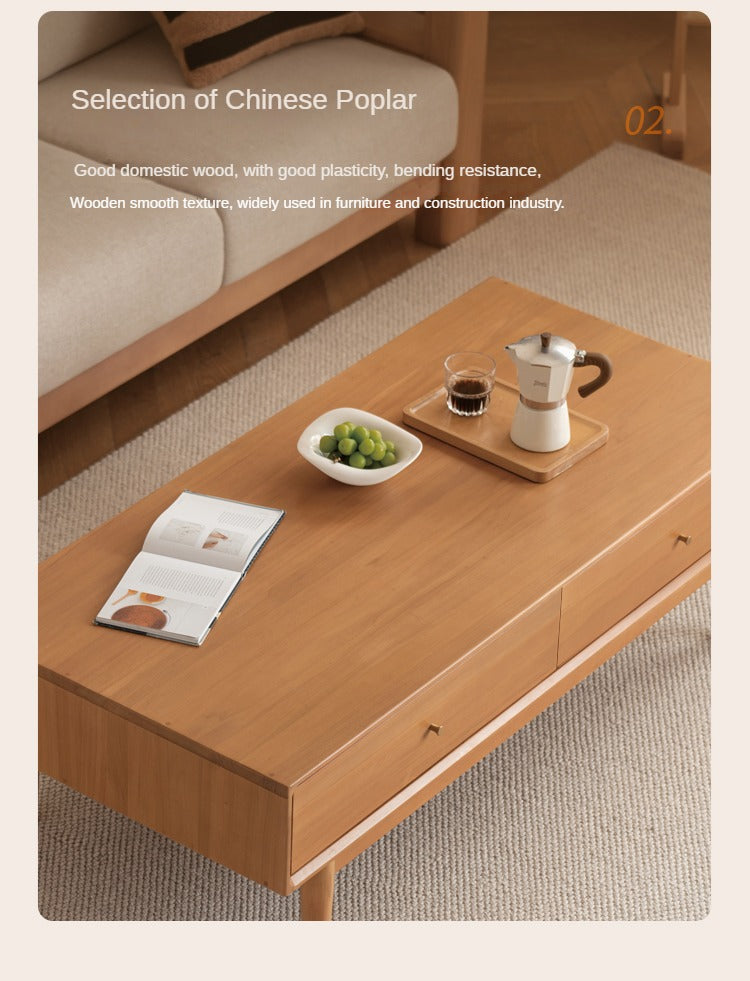 Poplar Solid Wood Modern Rectangular Coffee Table with Drawer.