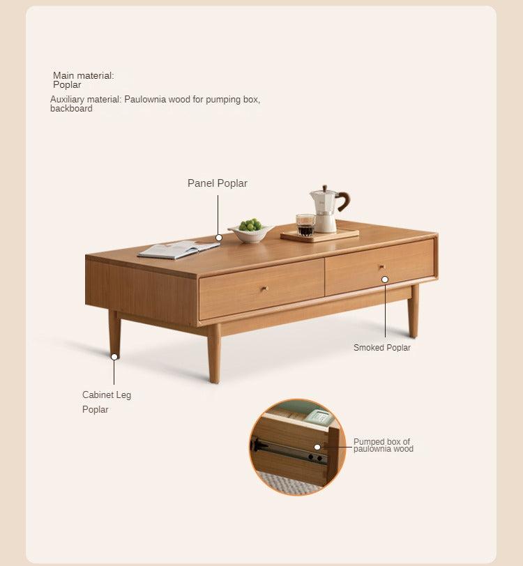 Poplar Solid Wood Modern Rectangular Coffee Table with Drawer.