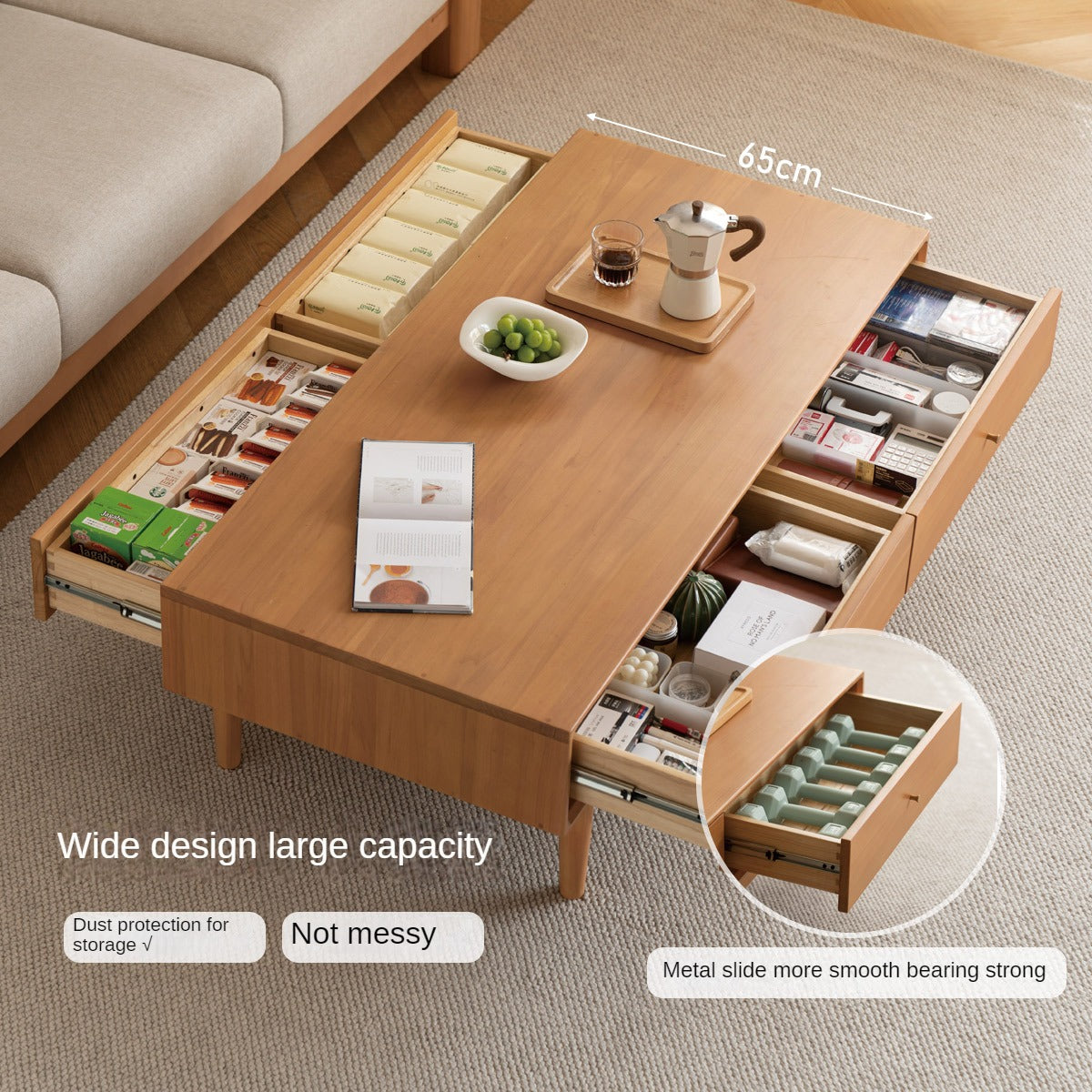 Poplar Solid Wood Modern Rectangular Coffee Table with Drawer.