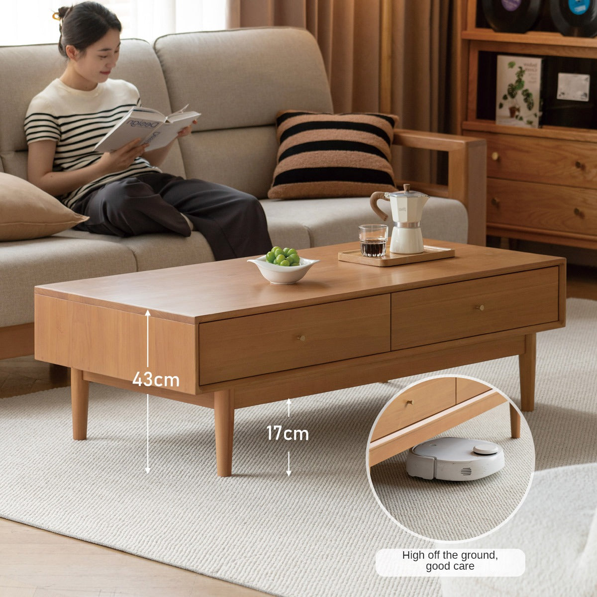 Poplar Solid Wood Modern Rectangular Coffee Table with Drawer.