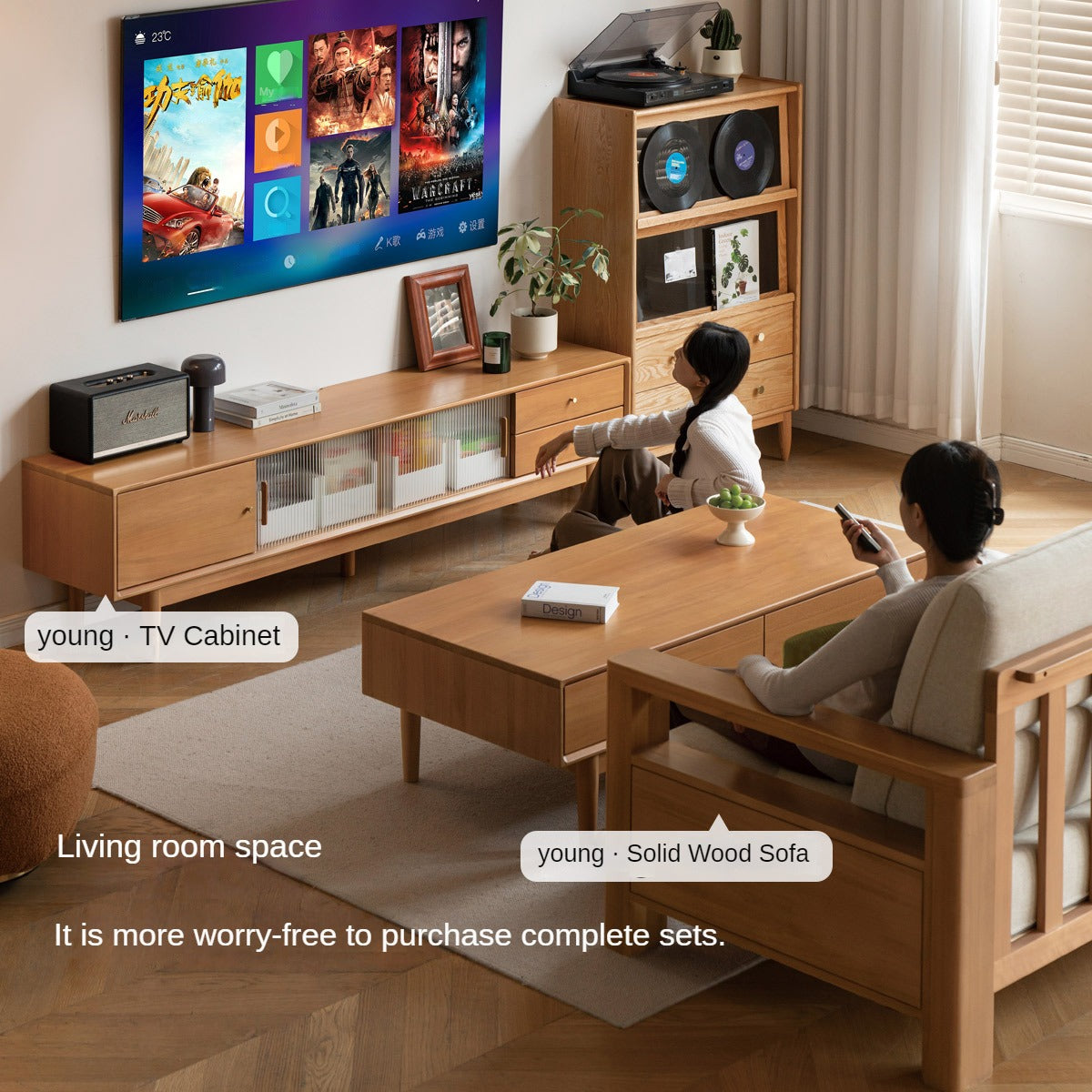 Poplar Solid Wood Modern Rectangular Coffee Table with Drawer.