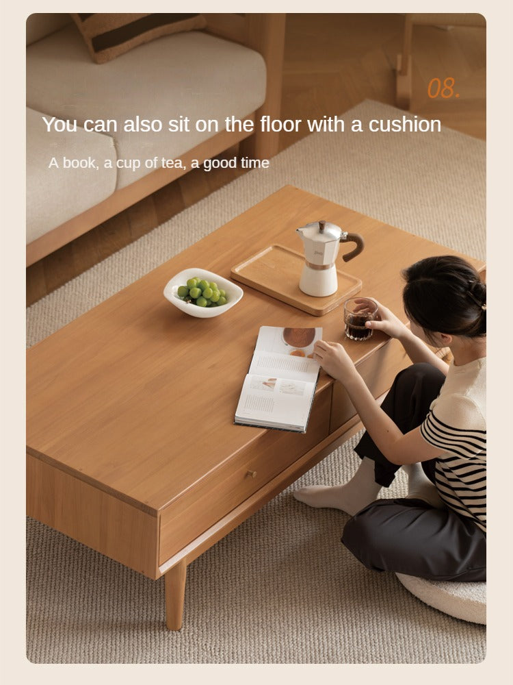 Poplar Solid Wood Modern Rectangular Coffee Table with Drawer.