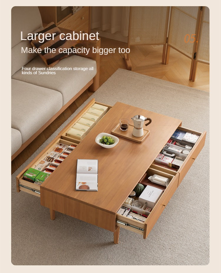 Poplar Solid Wood Modern Rectangular Coffee Table with Drawer.