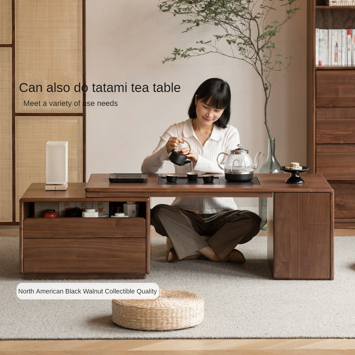 Black Walnut Solid Wood Telescopic Tea Table.