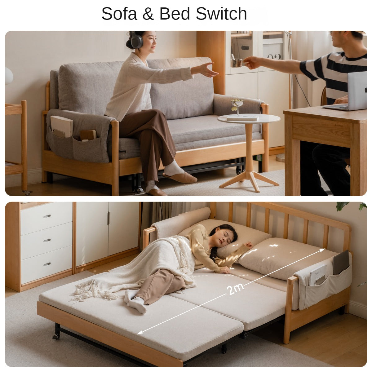 Beech Solid Wood Sofa Bed Modern.