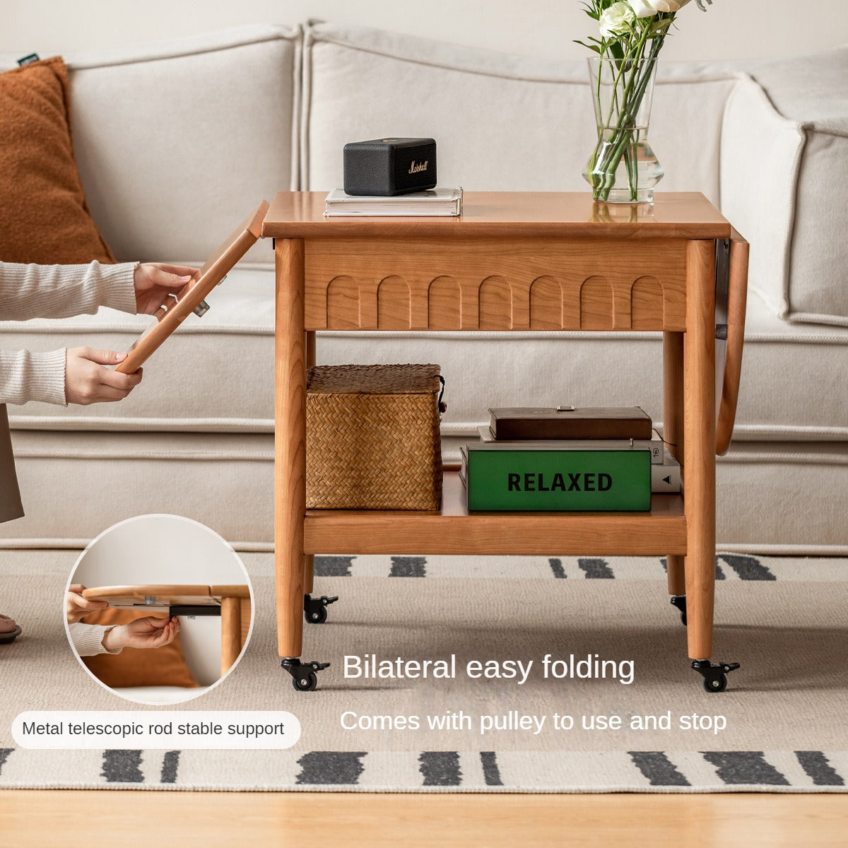 Cherry Solid Wood Mobile Folding Coffee Table.