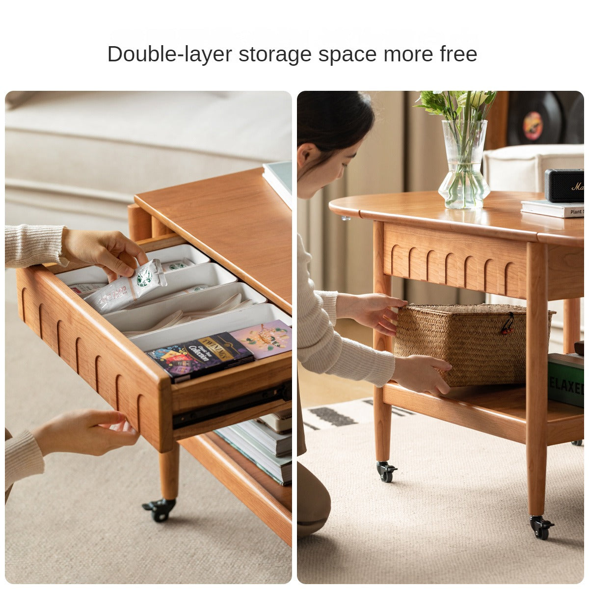 Cherry Solid Wood Mobile Folding Coffee Table.