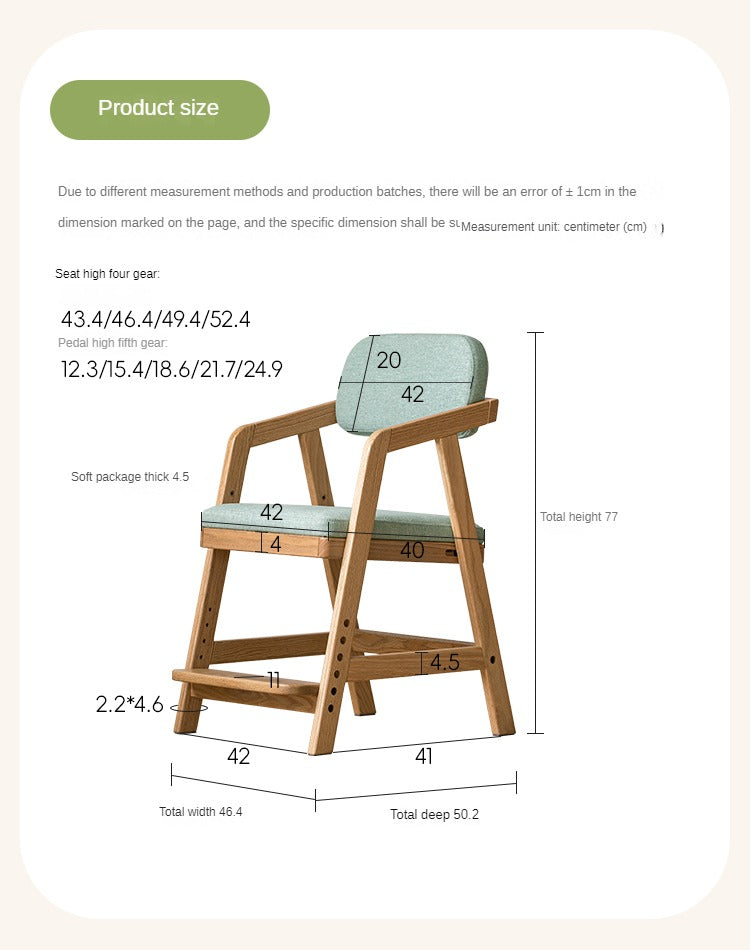 Oak Solid Wood Kids Chair Height-Adjustable.