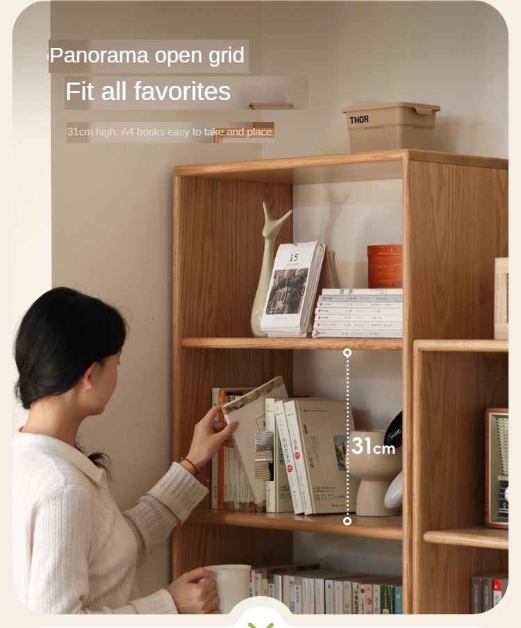 Oak, Solid Rubberwood Modern Storage Bookcase