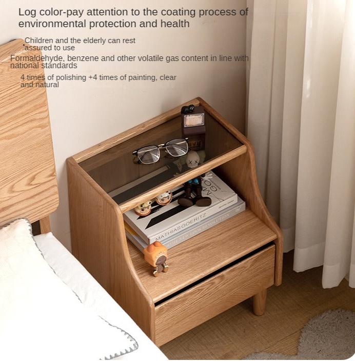 Oak Solid Wood, Solid Rubberwood Glass Nightstand
