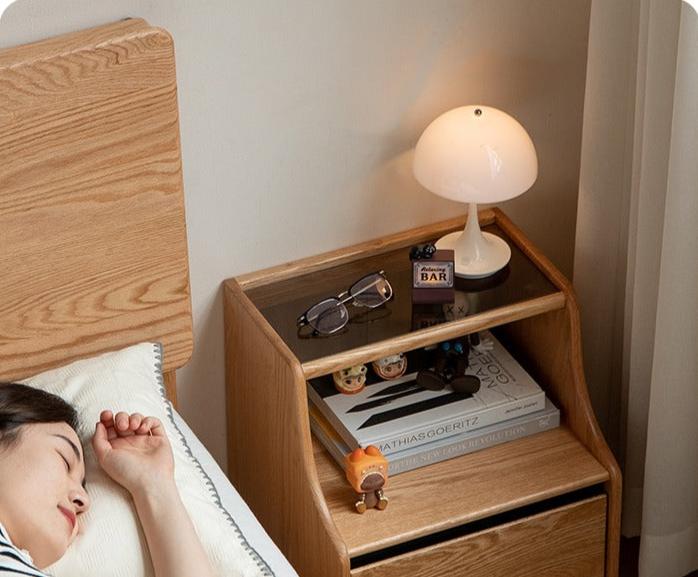 Oak Solid Wood, Solid Rubberwood Glass Nightstand