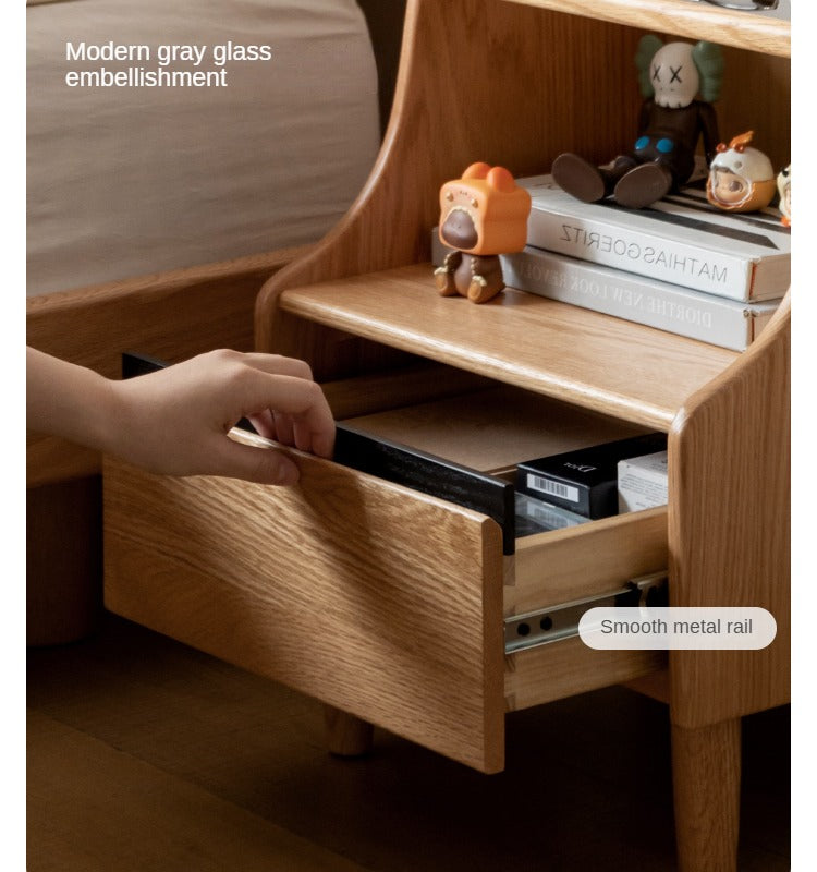 Oak Solid Wood, Solid Rubberwood Glass Nightstand