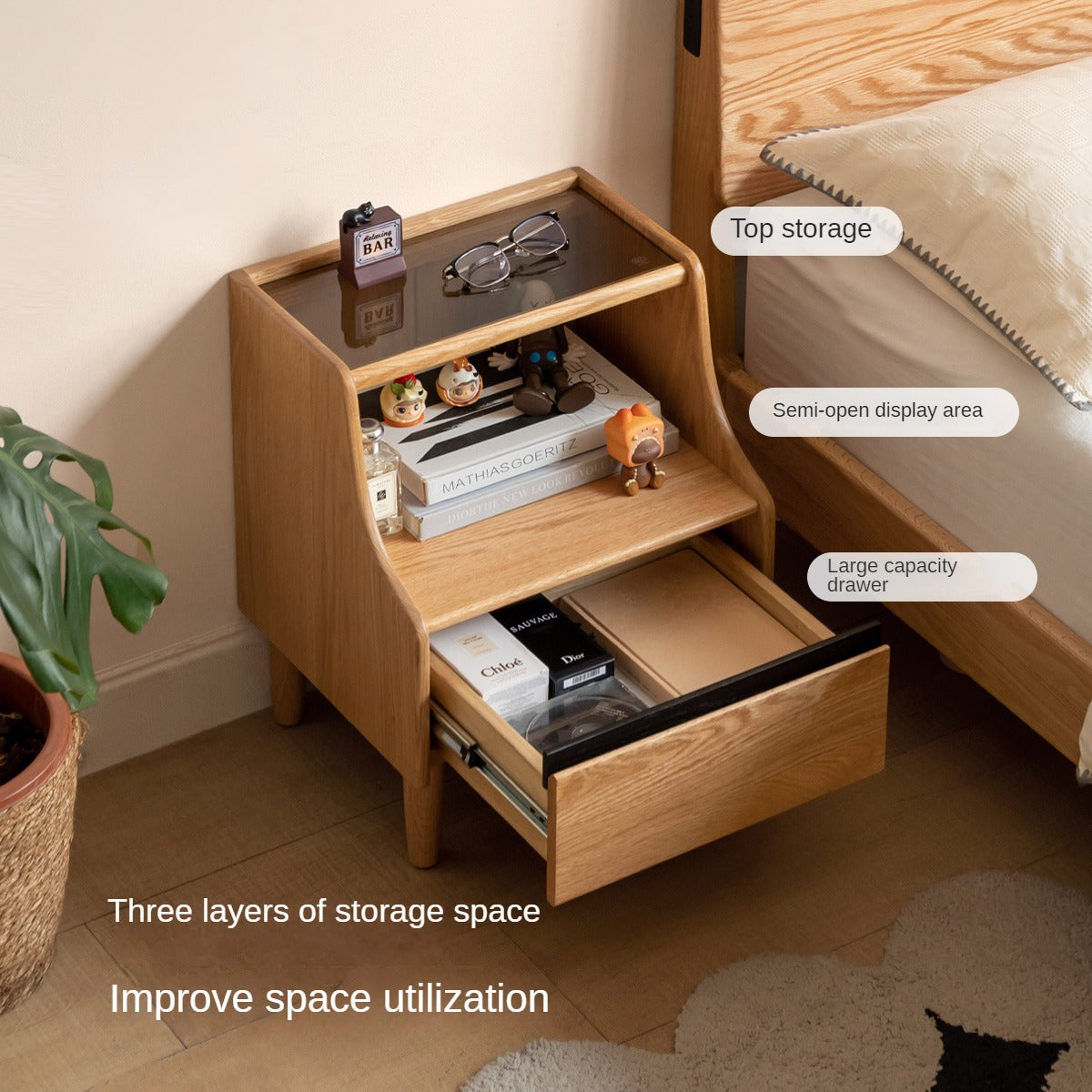 Oak Solid Wood, Solid Rubberwood Glass Nightstand