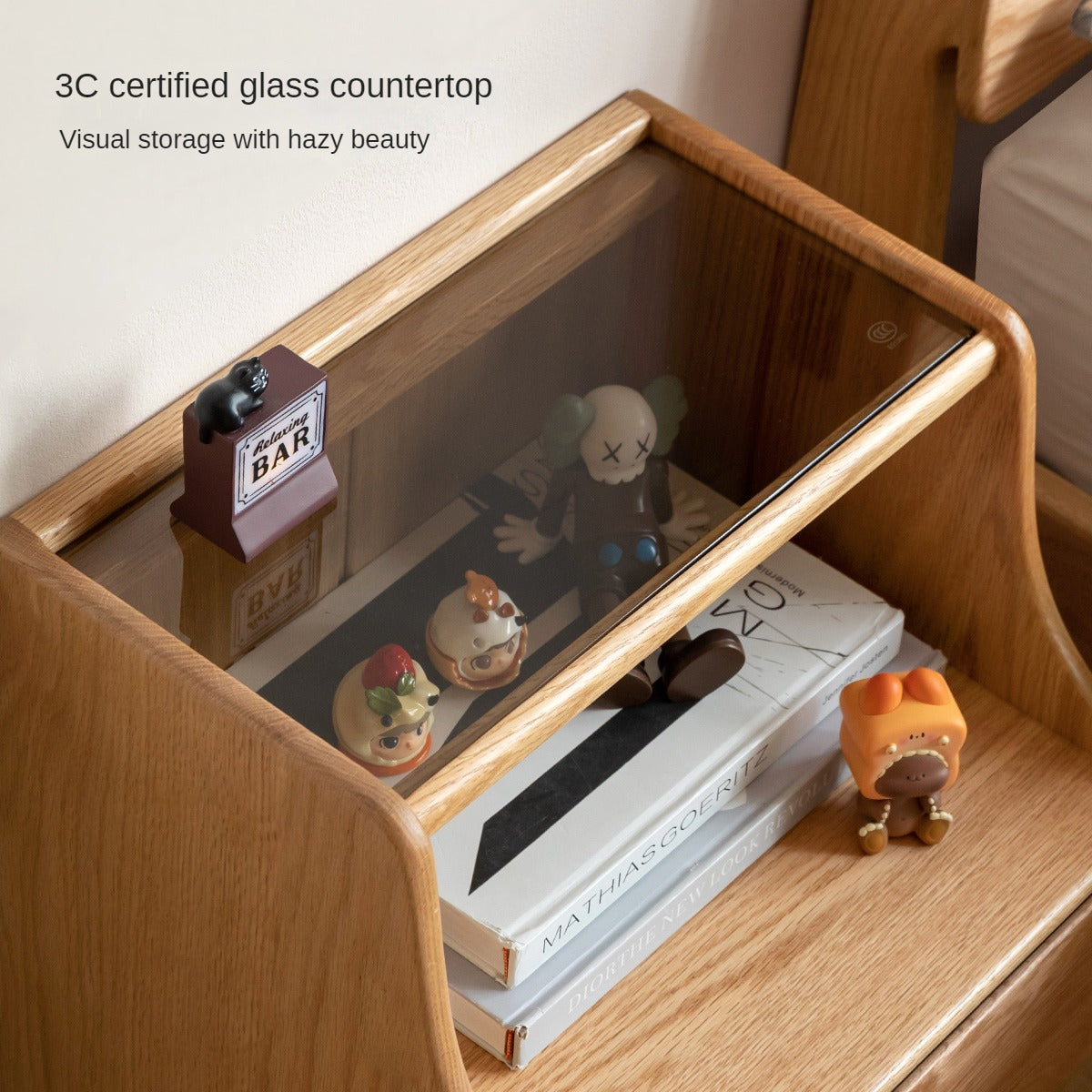 Oak Solid Wood, Solid Rubberwood Glass Nightstand