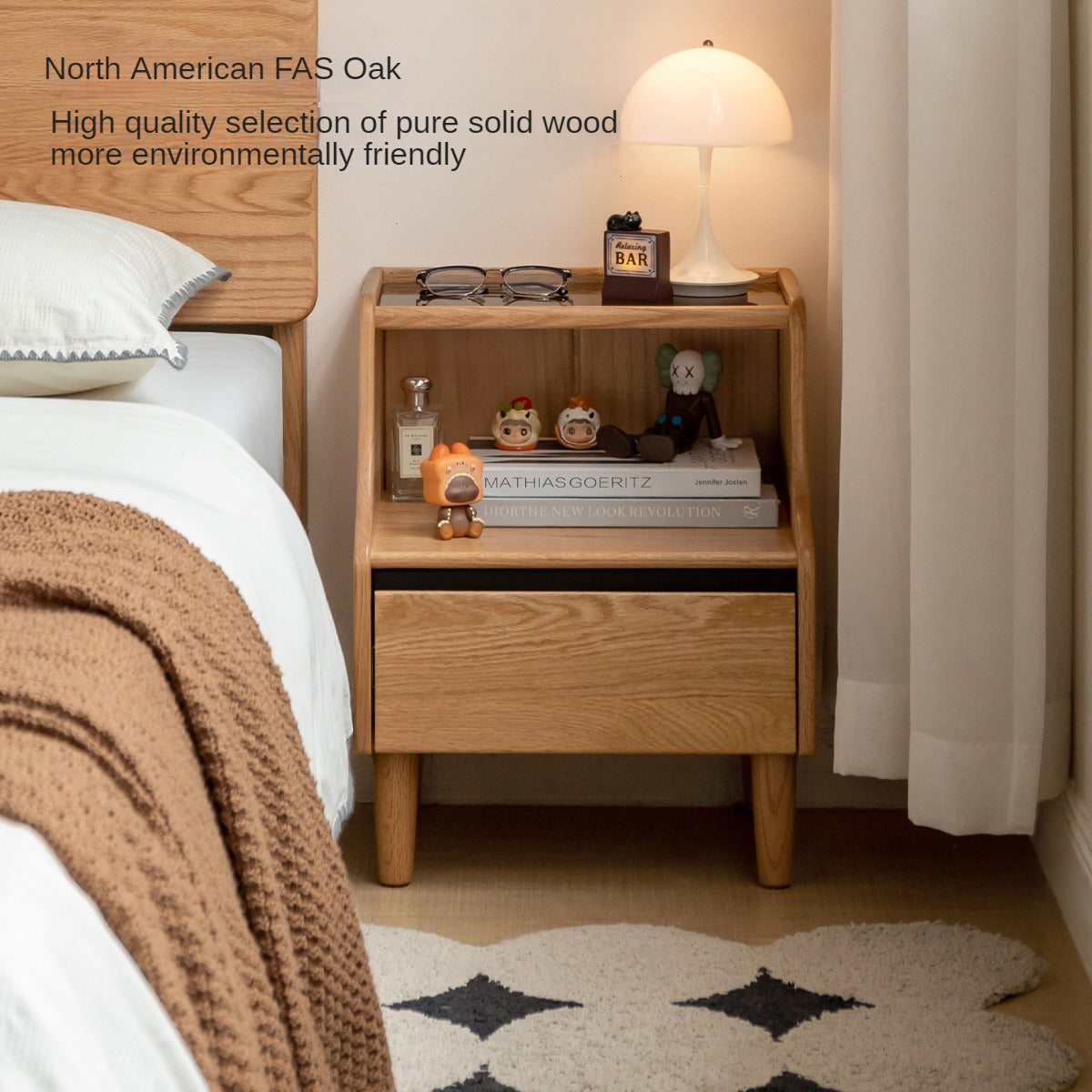 Oak Solid Wood, Solid Rubberwood Glass Nightstand