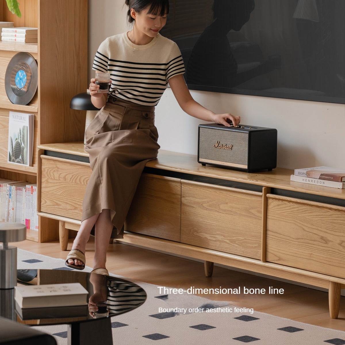 Ash Solid Wood Modern Storage Floor TV Cabinet.