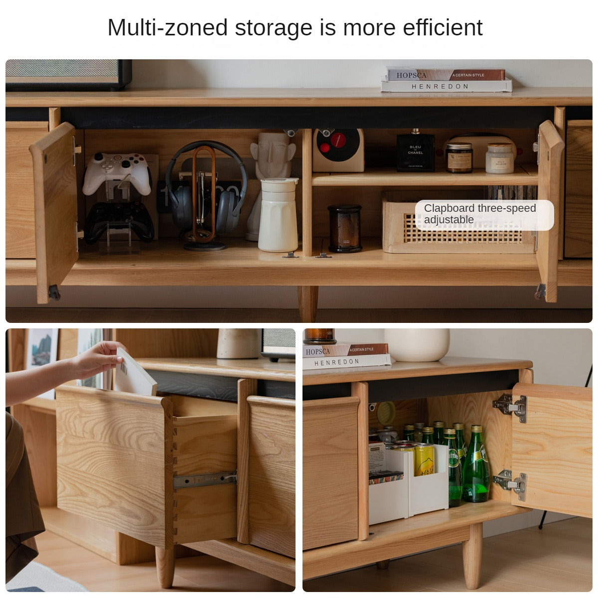 Ash Solid Wood Modern Storage Floor TV Cabinet.